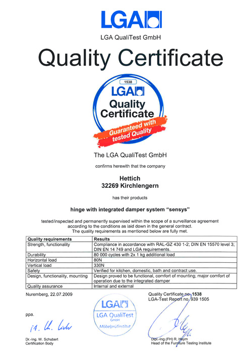 Sensys LGA 2009 Quality Certificate